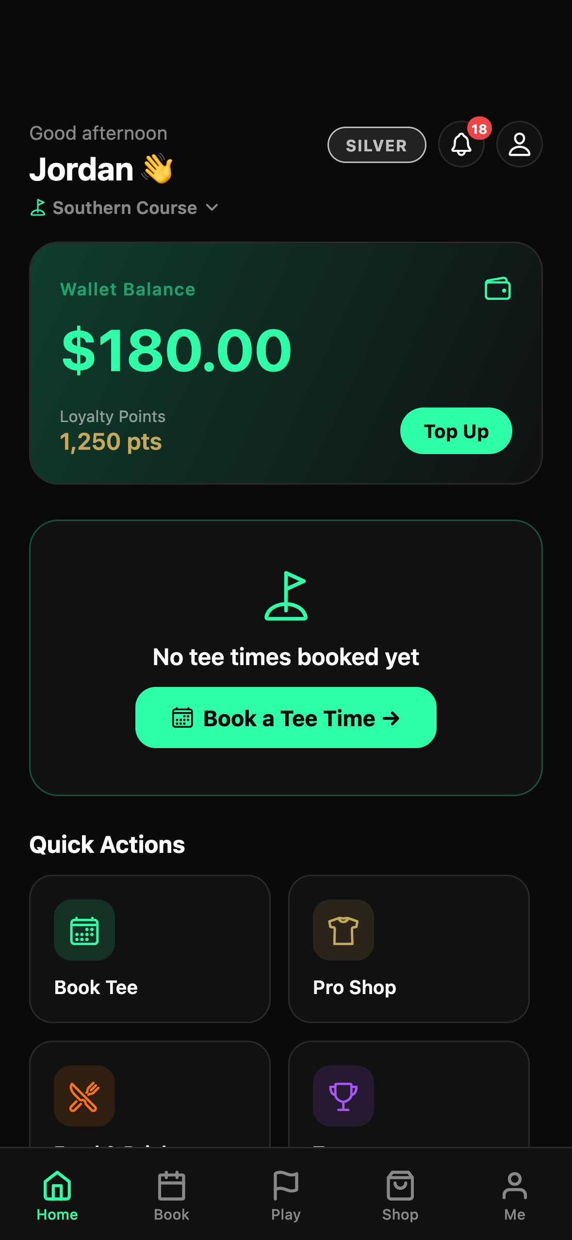 ClubTeq mobile app home screen